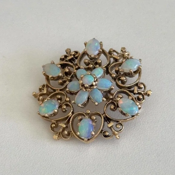 Vintage 14K Yellow Gold Opal Flower Heart Filigree Scroll Pendant Brooch Pin - Picture 4 of 10